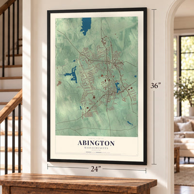 Abington, Massachusetts map, 24 x 36 inch print in a black frame by a staircase