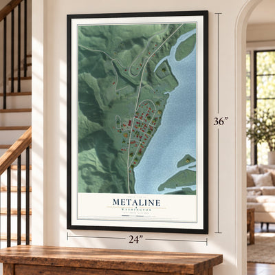 Metaline, Washington map, 24 x 36 inch print in a black frame by a staircase