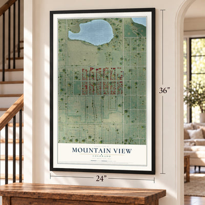 Mountain View, Colorado map, 24 x 36 inch print in a black frame by a staircase