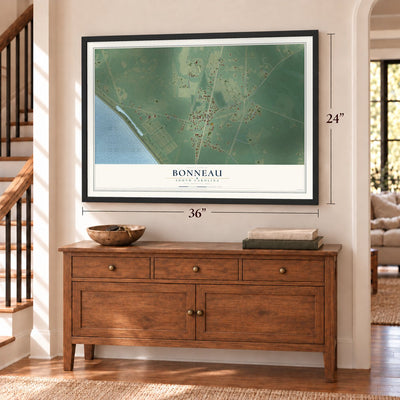 Bonneau, South Carolina map, 24 x 36 inch print in a black frame above a dresser by a staircase