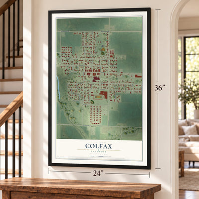 Colfax, Illinois map, 24 x 36 inch print in a black frame by a staircase