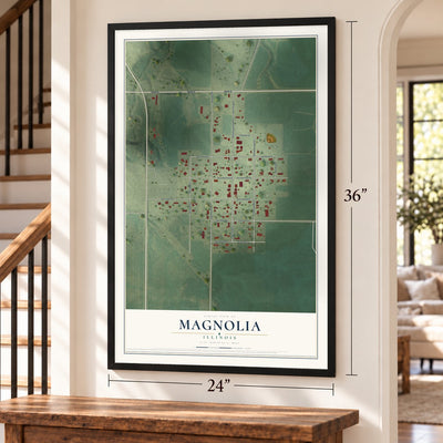 Magnolia, Illinois map, 24 x 36 inch print in a black frame by a staircase