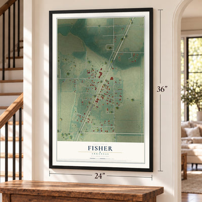 Fisher, Arkansas map, 24 x 36 inch print in a black frame by a staircase