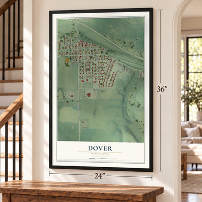 Dover, Minnesota map, 24 x 36 inch print in a black frame by a staircase