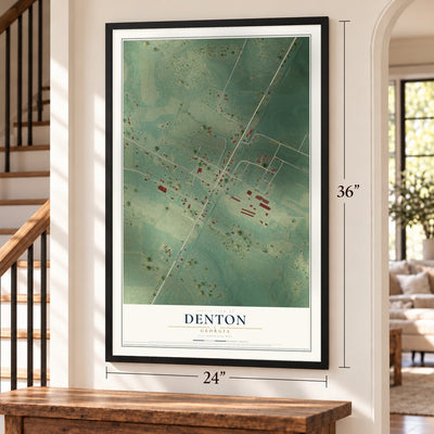 Denton, Georgia map, 24 x 36 inch print in a black frame by a staircase