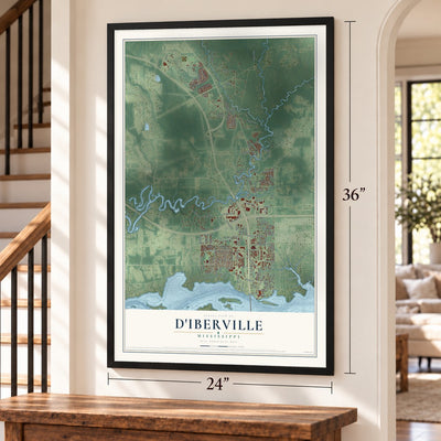D'Iberville, Mississippi map, 24 x 36 inch print in a black frame by a staircase
