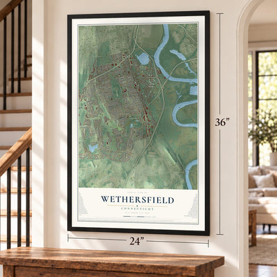 Wethersfield, Connecticut map, 24 x 36 inch print in a black frame by a staircase