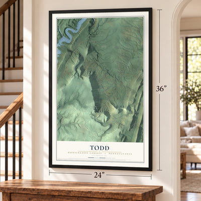 Todd, Huntingdon County, Pennsylvania map, 24 x 36 inch print in a black frame by a staircase