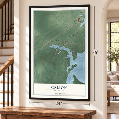 Calion, Arkansas map, 24 x 36 inch print in a black frame by a staircase