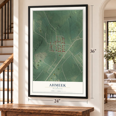 Ahmeek, Michigan map, 24 x 36 inch print in a black frame by a staircase