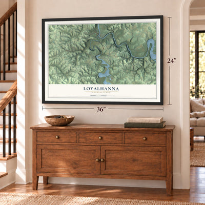 Loyalhanna, Pennsylvania map, 24 x 36 inch print in a black frame above a dresser by a staircase