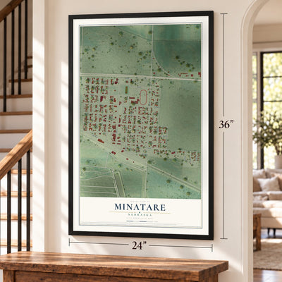 Minatare, Nebraska map, 24 x 36 inch print in a black frame by a staircase