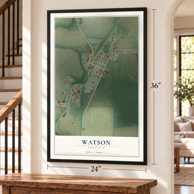 Watson, Arkansas map, 24 x 36 inch print in a black frame by a staircase