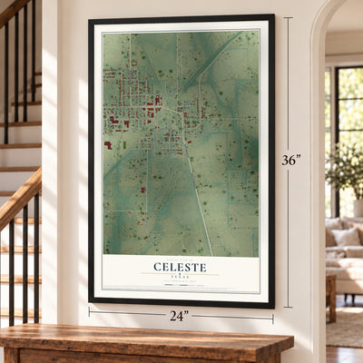 Celeste, Texas map, 24 x 36 inch print in a black frame by a staircase
