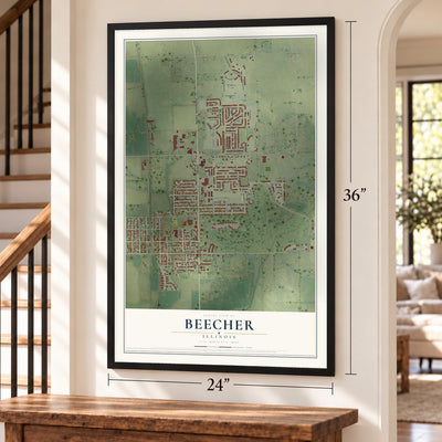 Beecher, Illinois map, 24 x 36 inch print in a black frame by a staircase