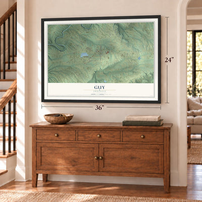 Guy, Arkansas map, 24 x 36 inch print in a black frame above a dresser by a staircase