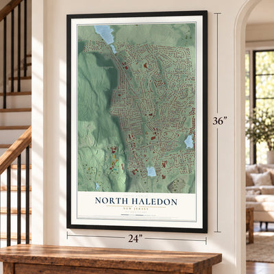 North Haledon, New Jersey map, 24 x 36 inch print in a black frame by a staircase