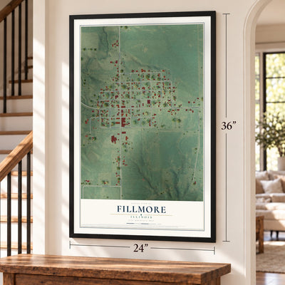 Fillmore, Illinois map, 24 x 36 inch print in a black frame by a staircase