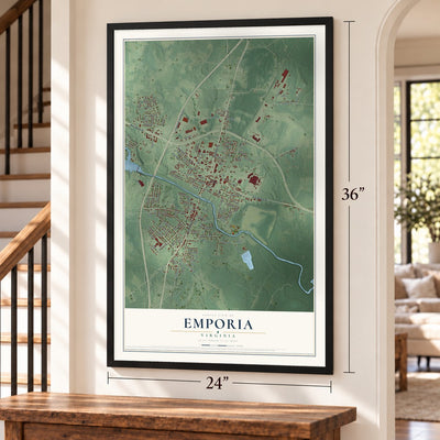 Emporia, Virginia map, 24 x 36 inch print in a black frame by a staircase