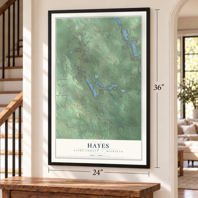 Hayes, Clare County, Michigan map, 24 x 36 inch print in a black frame by a staircase