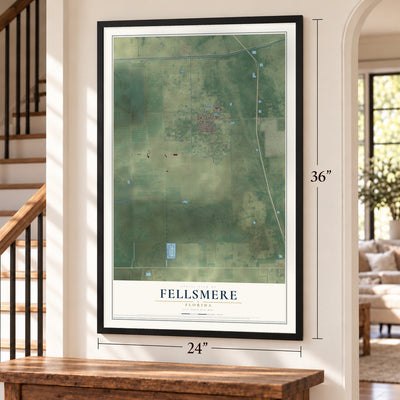 Fellsmere, Florida map, 24 x 36 inch print in a black frame by a staircase