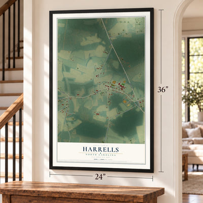 Harrells, North Carolina map, 24 x 36 inch print in a black frame by a staircase