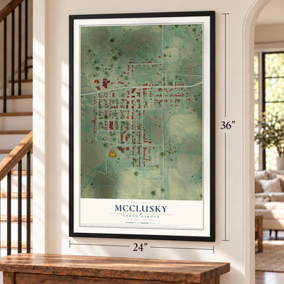McClusky, North Dakota map, 24 x 36 inch print in a black frame by a staircase