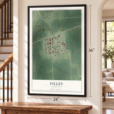 Filley, Nebraska map, 24 x 36 inch print in a black frame by a staircase