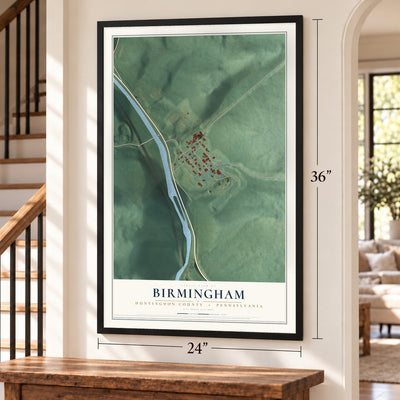 Birmingham, Huntingdon County, Pennsylvania map, 24 x 36 inch print in a black frame by a staircase