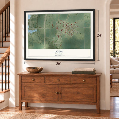 Loda, Illinois map, 24 x 36 inch print in a black frame above a dresser by a staircase