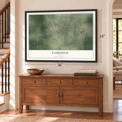 Fairfield, Texas map, 24 x 36 inch print in a black frame above a dresser by a staircase