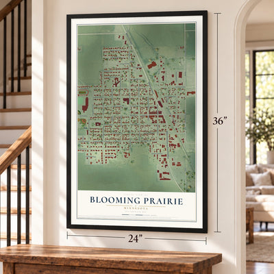Blooming Prairie, Minnesota map, 24 x 36 inch print in a black frame by a staircase