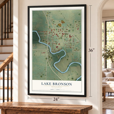 Lake Bronson, Minnesota map, 24 x 36 inch print in a black frame by a staircase