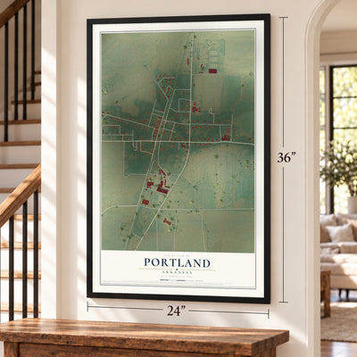 Portland, Arkansas map, 24 x 36 inch print in a black frame by a staircase