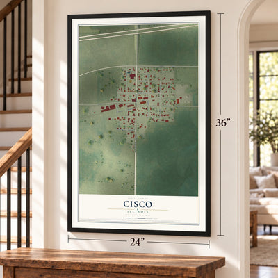 Cisco, Illinois map, 24 x 36 inch print in a black frame by a staircase