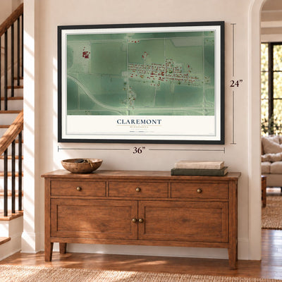 Claremont, Minnesota map, 24 x 36 inch print in a black frame above a dresser by a staircase