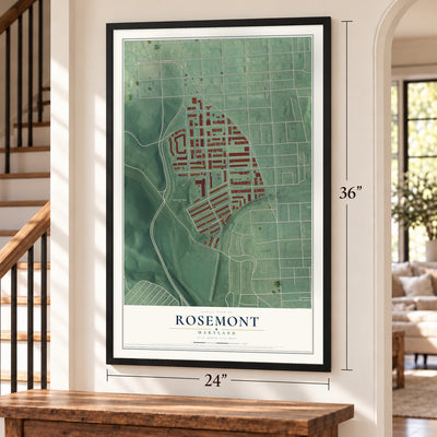 Rosemont, Baltimore, Maryland map, 24 x 36 inch print in a black frame by a staircase