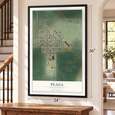 Plaza, North Dakota map, 24 x 36 inch print in a black frame by a staircase