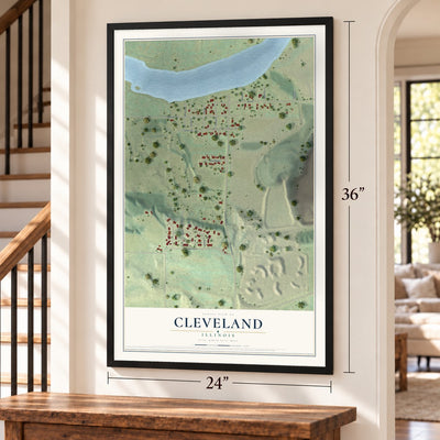 Cleveland, Illinois map, 24 x 36 inch print in a black frame by a staircase