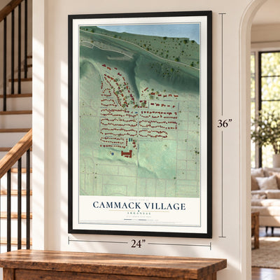Cammack Village, Arkansas map, 24 x 36 inch print in a black frame by a staircase
