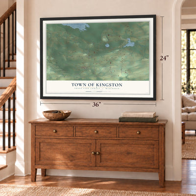 Town of Kingston, Green Lake County, Wisconsin map, 24 x 36 inch print in a black frame above a dresser by a staircase