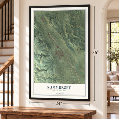 Summerset, South Dakota map, 24 x 36 inch print in a black frame by a staircase