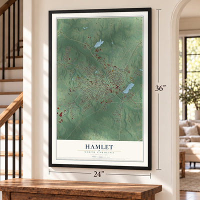Hamlet, North Carolina map, 24 x 36 inch print in a black frame by a staircase