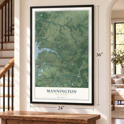 Mannington, New Jersey map, 24 x 36 inch print in a black frame by a staircase