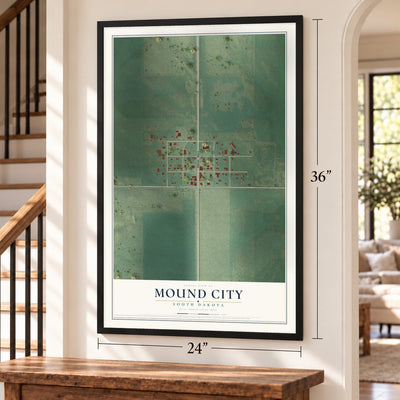 Mound City, South Dakota map, 24 x 36 inch print in a black frame by a staircase