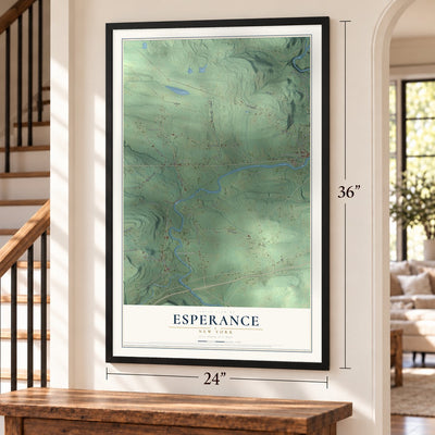 Esperance, New York map, 24 x 36 inch print in a black frame by a staircase