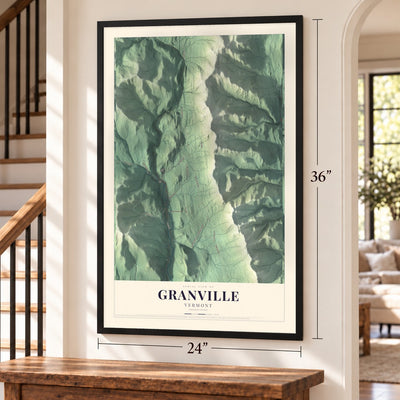 Granville, Vermont map, 24 x 36 inch print in a black frame by a staircase