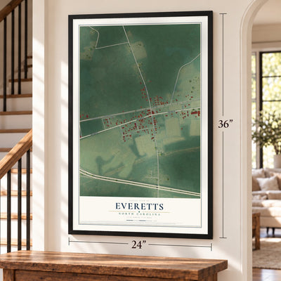 Everetts, North Carolina map, 24 x 36 inch print in a black frame by a staircase