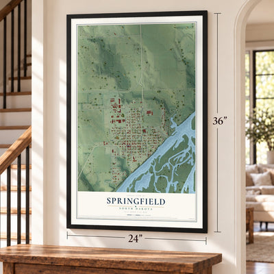 Springfield, South Dakota map, 24 x 36 inch print in a black frame by a staircase