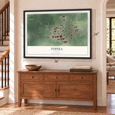 Topeka, Indiana map, 24 x 36 inch print in a black frame above a dresser by a staircase
